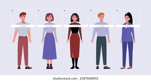 Video conference, discussion, remote work, greeting, quarantine. Group of people with online frames standing on isolated background. Colorful flat vector illustration