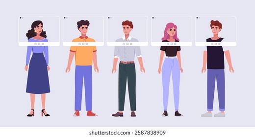 Video conference, discussion, remote work, greeting, quarantine. Group of people with online frames standing on isolated background. Colorful flat vector illustration