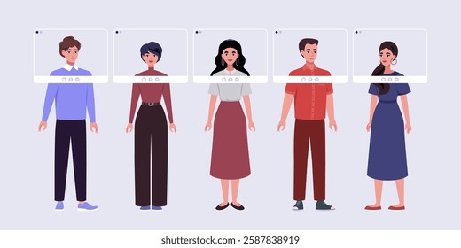 Video conference, discussion, remote work, greeting, quarantine. Group of people with online frames standing on isolated background. Colorful flat vector illustration