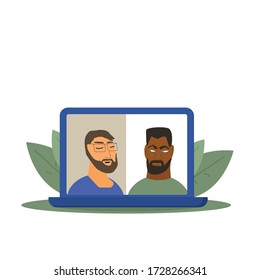 Videokonferenz. Fernkommunikation. Zwei männliche Mitarbeiter nehmen an Online-Treffen für einen Job teil. Stream Freunde. Chatten von zu Hause aus. Vector flache Abbildung.