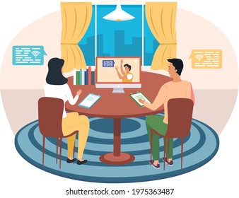 Video conference. distance e-learning, meeting online, communication with friend, work from home. Couple sitting at home and chatting with man using web cam and laptop. Video call with student
