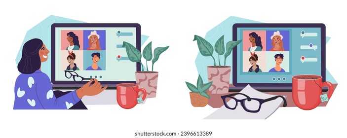 Video conference and distance training banners of remote work and learning webinars. Training sessions and interactive discussions using webinars and video conference chat, flat vector isolated.