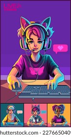 Video conference of diverse girls ith cat ears headset sits in front of a computer with her mouse and keyboard. Cartoon anime style. Vector characters isolated on white background