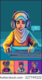 Video conference of diverse girls ith cat ears headset sits in front of a computer with her mouse and keyboard. Cartoon anime style. Vector characters isolated on white background