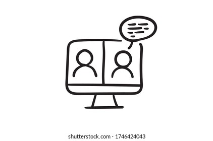 Video conference doodle icon. People on computer screen. Home office digital communication. Internet teaching media. Hand drawn illustration.