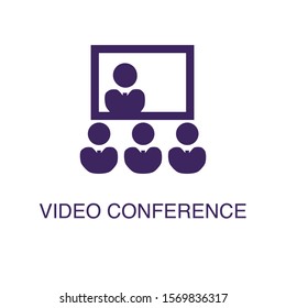 Video conference element in flat simple style on white background. Video conference icon, with text name concept template