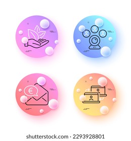 Video conference, Euro money and Outsource work minimal line icons. 3d spheres or balls buttons. Organic product icons. For web, application, printing. Online meeting, Receive cash, Remote job. Vector