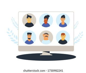 Video conference. Family distance communication. Group of coworkers taking part in interactive conference. Online call or meeting for a job. Stream friends. Chat from home. Vector flat illustration.