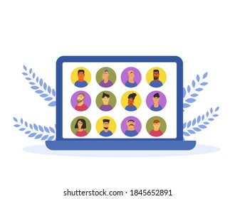 Video conference. Family distance communication. Group of coworkers taking part in digital talk. Online call or meeting for a job. Stream friends. Chatting from home. Vector flat illustration.