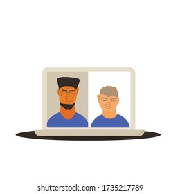 Video conference. Family distance talk. Two man taking part in education conference. Online call or meeting for a remote job. Stream friends. Chatting from home. Vector flat illustration.