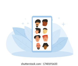 Video conference. Family distance talk. Group of coworkers taking part in business conference. Online call or meeting for a remote job. Stream friends. Chatting from home. Vector flat illustration.