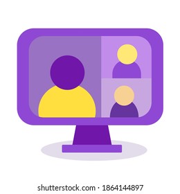 Video conference flat illustration. Simple computer screen, group of people talking by the internet. Web chatting, online meeting or webinar. Vector stock Eps10  element isolated on white.

