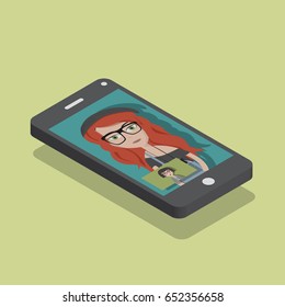Video conference with friends by smart phone. 