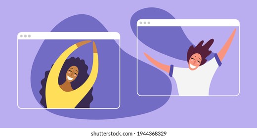 Video conference. Friends take part in a video conference at home. Online communication software. Vector illustration