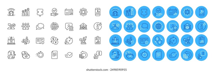 Video conference, Globe and Microscope line icons pack. Algorithm, Checkbox, Timer web icon. Technical info, Calendar graph, Greenhouse pictogram. Add team, Job interview, Cash back. Vr. Vector