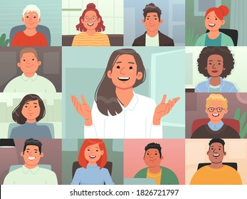 Video conference. Group video call. Colleagues communicate using a computer. Remote work. Discussion of projects in an online meeting. Vector illustration in flat style