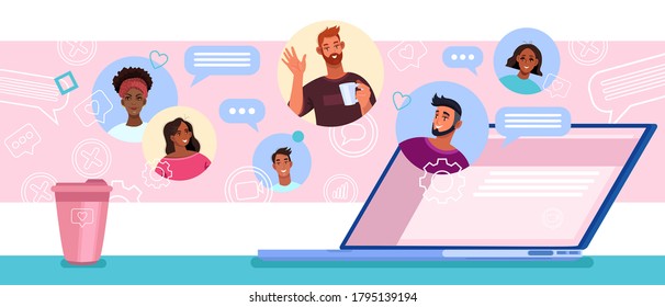 Video conference and group chat vector illustration with diverse peoples’ avatars communicating online. Virtual meeting and teamwork banner with laptop screen. Video conference education background 