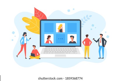 Video conference. Group of people and laptop with conference call on screen. Online meeting, business conference, technology, internet meetup concepts. Creative modern flat design. Vector illustration