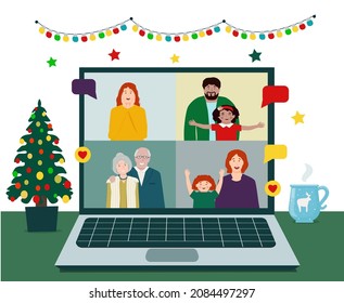 Video conference with a group of people, meeting online. The family is talking on video.Vector illustration.