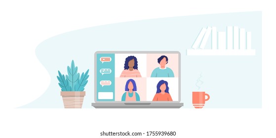 Video Conference. Group of people on a laptop screen. Chat online. Virtual meeting. Friends or colleagues are participating in a video conference. Online communication concept. Vector illustration .