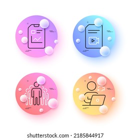 Video conference, Group and Report document minimal line icons. 3d spheres or balls buttons. Video file icons. For web, application, printing. Online training, Managers, Statistics file. Vector