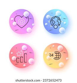 Video conference, Heart and 24h service minimal line icons. 3d spheres or balls buttons. Ranking stars icons. For web, application, printing. Online meeting, Star rating, Call support. Vector