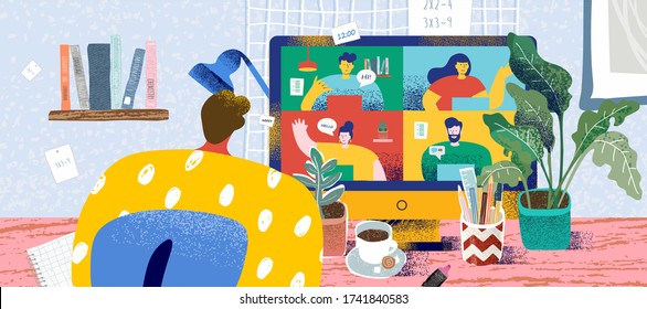 Video conference from home for online meetings and work. Vector illustration of a cozy desktop with a computer and a monitor with people, a cat, a plant, coffee and a stationery. Drawing for bunner