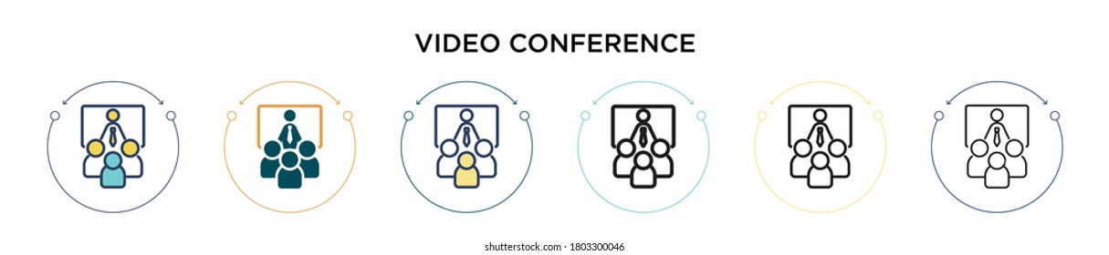 Icono de videoconferencia en estilo relleno, delgado, contorno y trazo. Ilustración vectorial de dos iconos vectoriales de videoconferencia en color y negro se pueden utilizar para móviles, ui, web