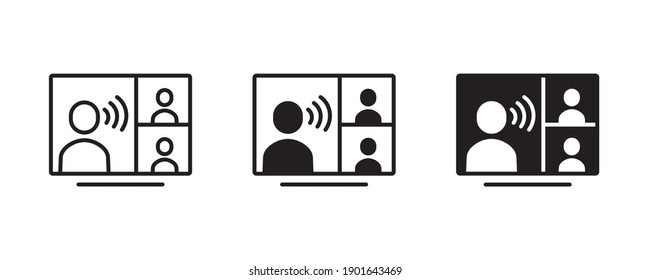 Video conference icon. Meeting  People on computer screen. Home office in quarantine times. Digital communication. Internet teaching media Business Presentation. live broadcast line icons vector, sign