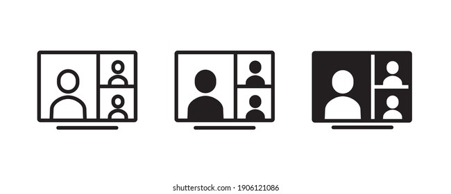 Video conference icon. Meeting  People on computer screen. Home office in quarantine times. Digital communication. Internet teaching media Business Presentation. live broadcast line icons vector, sign