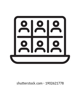 Video conference icon. Online virtual meeting, people on computer screen, work from home, video call icon. Line style design.  