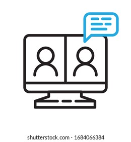 Video conference icon. People on computer screen. Home office in quarantine times. Digital communication. Internet teaching media.