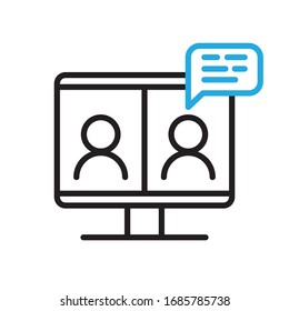 Video conference icon. People on computer screen. Home office in quarantine times. Digital communication. Internet teaching media.