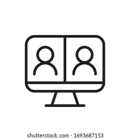 Video conference icon. People on computer screen. Home office in quarantine times. Digital communication. Internet teaching media.