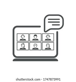 Video conference icon. People on computer screen. Home office in quarantine times. Digital communication. Internet teaching media.