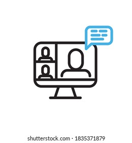 Video conference icon. People on computer screen. Home office symbol. Digital communication. Internet teaching media.