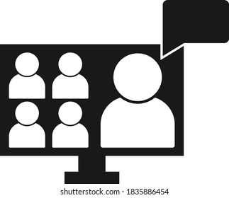Video conference icon. People on the computer screen. Home office in quarantine times. Digital communication. Internet teaching media, online communication vector
