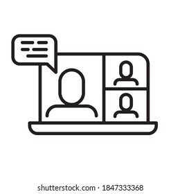 Video conference icon. People on computer screen. Home office symbol. Digital communication. Internet teaching media.