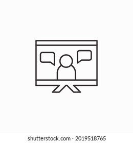 Video conference icon. People on computer screen. Home office in quarantine times. Digital communication. Internet teaching media. Web conference icon with people and web camera on computer screen