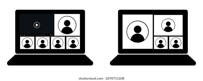 Video conference icon. People on computer screen. Home office in quarantine times. Digital communication. Internet teaching media.