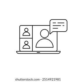 Video conference icon. People on computer screen. Home office in quarantine times. Digital communication. Internet teaching media. Vector illustration.