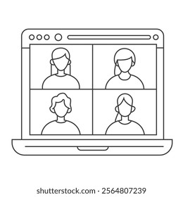 Video conference icon. People on computer screen. Home office in quarantine times. Digital communication. Internet teaching media