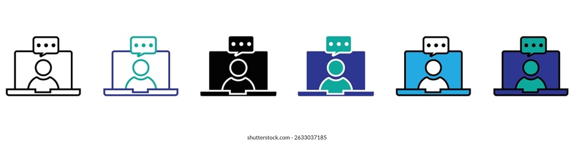 Video conference icon. People on computer screen. Home office in quarantine times. Digital communication. Internet teaching media.