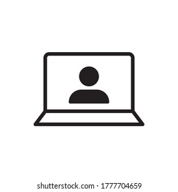 Video conference icon. Person on computer screen. Home office. Digital communication. Internet teaching media.