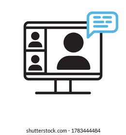 Video conference icon. Person on computer screen. Home office. Digital communication. Internet teaching media.
