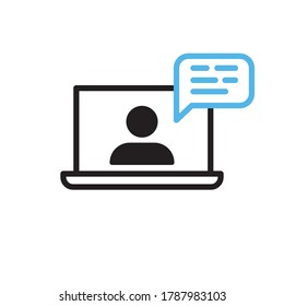 Video conference icon. Person on computer screen. Home office. Digital communication. Internet teaching media.