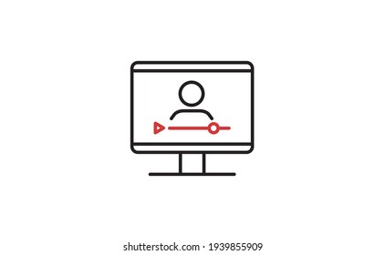 Video conference icon. Person on computer screen. Home office. Digital communication. Internet teaching media. E-learning.