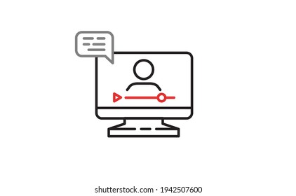 Video conference icon. Person on computer screen. Home office. Digital communication. Internet teaching media. E-learning.
