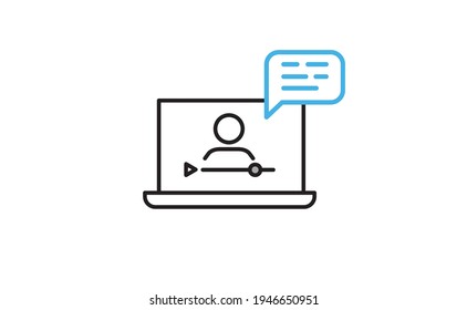 Video conference icon. Person on computer screen. Home office. Digital communication. Internet teaching media. E-learning.