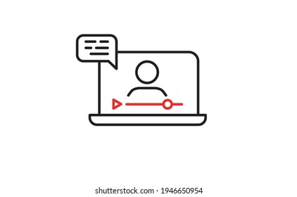 Video conference icon. Person on computer screen. Home office. Digital communication. Internet teaching media. E-learning.